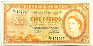 バミューダ 5ポンド紙幣(1957年 希少レア)エリザベス2世女王紙幣 ~ ピック #21C