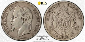 1866-A �t�����X 5�t�����A�i�|���I��3�� - PCGS VF25�A�󏭂Ȓᒒ���������s