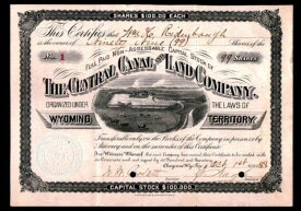 1888年ワイオミング準州 - # 1 - セントラル・カナル・アンド・ランド社 EX RARE 株券