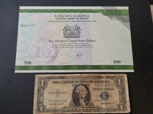 希少なケニア 500 米ドル外貨両替所持人証明書 1998 年