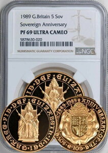 イギリス 1989年 5ポンド金貨 (500周年記念) NGC PF-69 ウルトラカメオ。希少品!