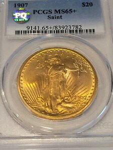 1907年 20ドル ゴールド セント・ゴーデンズ ダブルイーグル ノーモットーコイン PCGS MS 65+ "PQ" 素晴らしい