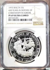 1993年 マルタ シルバー 5リリ ヨーロッパにおけるキリスト教の擁護 NGC PF 69 ウルトラカメオ