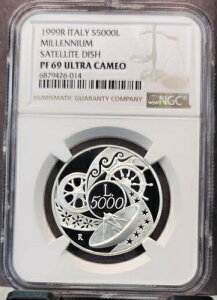 1999年 イタリア シルバー 5000リラ ミレニアム 衛星アンテナ NGC PF 69 ウルトラカメオ