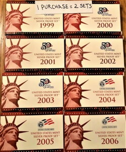 1999年から2015年までの米国造幣局発行のシルバープルーフセット2枚(ランダムに選択)