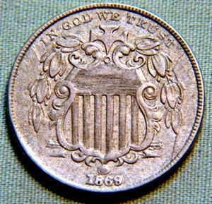 1869年製 アメリカ合衆国シールドニッケル 5セント レイズなし - 厳選詳細 - ロット262