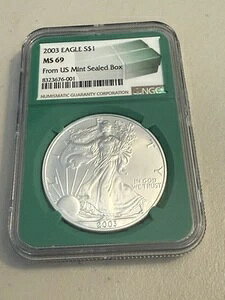2003年 1ドル アメリカン シルバー イーグル NGC MS69 米国造幣局発行 未開封ボックス グリーンコア