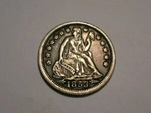 1853年 O 着席リバティダイム(XF/AU、ひび割れ・崩れた型、魅力的な)