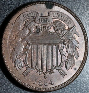 1864 年 2 セント硬貨 2 セント - AU UNC 詳細 - ほんのりミントの光沢あり!