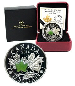 カナダ 20ドル 2014年 銀貨 1オンス プルーフ「マジェスティック メープル リーフ」 翡翠ミントボックス/CoA付き