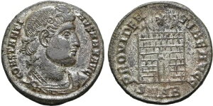 RX^eBkX 1  (AD 307-337) [} AE follis Camp Gate RIC 156 jRfBA ~g