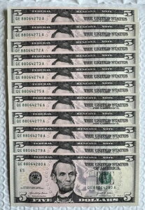 米国連邦準備銀行 5 ドル連続紙幣 10 枚セット - 2015-2024 UNC