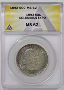 1893年 50セント銀貨 コロンビア万博記念ハーフドル ANACS MS62 カラフル...