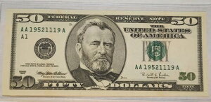 1996年 50ドル連邦準備銀行券 Fr-2126-A ボストン 未流通 AA19521119A