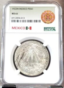 1922年 メキシコ 銀貨 1ペソ キャップアンドレイズ NGC MS 61 希??少 素晴らしいコイン