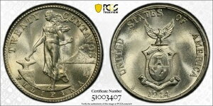 1944-D �č��t�B���s�� 20 �Z���^�[�{ �V���o�[ KM#182 PCGS MS65 20C �O���[�h �~���g S...