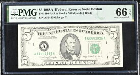 1988A 5ドル連邦準備銀行券 Fr-1980-A ボストン PMG66 Gem EPQ