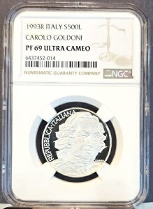 1993 イタリア シルバー 500 リラ S500L カロロ ゴルドーニ NGC PF 69 ウルトラ カメオ トップ ポップ 1