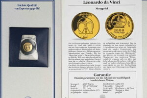 1000 トグロッグ モンゴル 1999 ミニ金貨 1/25 オンス - レオナルド ダ ヴィンチ