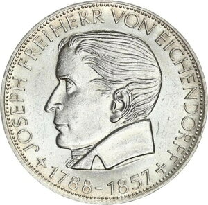 �h�C�c�A�M���a���L�O�R�C�� 5 DM 1957 J Freiherr von Eichendorff �V���o�[ XF+/UNC�B J 391-
