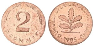 FRG 2 Pfennig 1985 J �������鏬��������X�N���u�̌�A 92732-