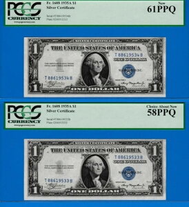 2�񔭍s 1�h�� 1935�N ��ݏؖ��� �m�[�g ���N 1953-3 & 4 Fr.1608 PCGS