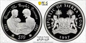 シエラレオネ。 1997 年、10 ドル、シルバー - PCGS PR 69 DCAM - ダイアナ、エイズ
