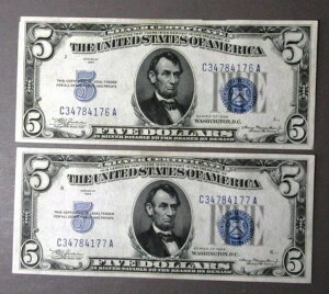 1934年シリーズの5ドルSC、Fr# 1650、2つの連続したシリアル番号、魅力的なCh CU
