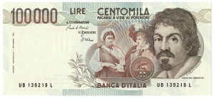 100000 ���� BANCA D'ITALIA CARAVAGGIO I TIPO LETTERA B 1985/10/28 FDS-/FDS