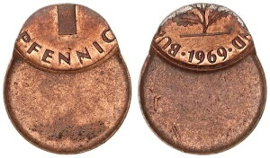 Frg 1 Pfennig 1969 �ݕ��s��: 70% Dezentriert Mint State�AKupferpatina 120659