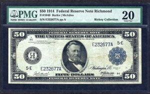 ????1914 $50 FRN FR-1040 RICHMOND ??Burke&McAdoo?? PMG VF 20 69 ���m�A�󏭁I