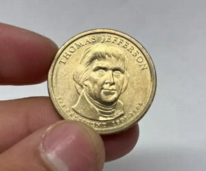 希少なトーマス・ジェファーソン1ドル硬貨、1801-1809年、2007年P、位置Aの彫刻