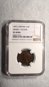 1843 年、イギリス、1/4 ペニー、NGC XF40 BN、希少アラビア語、1 インチ、日付 1/4P コイン!