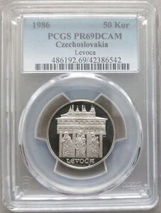 �`�F�R�X���o�L�A �V���o�[ �v���[�t 50�R���i �R�C�� 1986 KM#122 �����H�`�� PCGS PR69 �g�b�v�|�b�v??