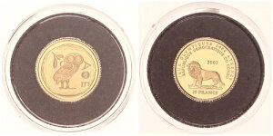 コンゴ 20フラン 2003年 アテネ産フクロウ 1/25オンス 金貨 Pf IN カプセル 119625