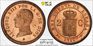 スペイン 2 CENTIMOS 1912-PC V PCGS MS 65 RD 希少