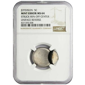 ジェファーソン 5cn ミント エラー ストラック 85% オフ センター ユニフェイス リバース MS64 NGC ブラウン...