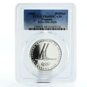 パナマ 1バルボア カルガリー冬季オリンピック フリースタイル PR68 PCGS 銀貨 1988年