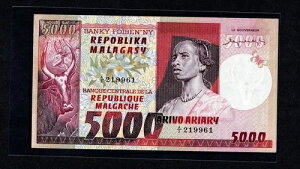 マダガスカル 5000フラン 1000 アリアリ 1974 P-66a UNC LESS