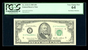 DBR 1985 $50 FRN b`h Fr. 2122-E PCGS 64 VA E47342959A