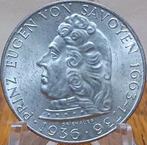 1936年オーストリア2シリング銀貨、サヴォイア公オイゲン、1年記念硬貨