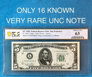킸16mĂȂAFR 1961-L NARROW 1950 $5 PCGS 63 CHOICE UNC NOTE TtVXR