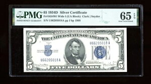 DBR 1934-D $5 �V���o�[ �W�F�� Fr. 1654Wi ���C�h I UA �u���b�N PMG 65 EPQ �V���A�� U66205018A