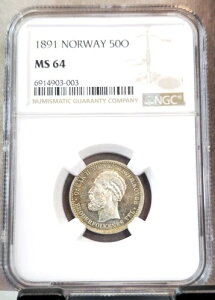1891�N �m���E�F�[ �V���o�[ 50 �z�� �L���O �I�X�J�[ II NGC MS 64 ���Ɋ� BU