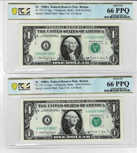 1988A $1 (2 CONSEC.) FRN 'WEB' Notes-fr.1917-A (AF 5/6) -PCGS GEM UNC 66 PPQ