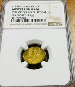 1938-42�N �u���W�� 20���I NGC ������ �G���[ MS66 �ȉ~�`�� 3.2g