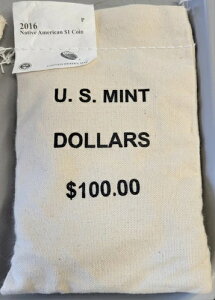 2016-P ネイティブアメリカン 1 ドル硬貨。100 枚入り、未開封、縫製袋入り。