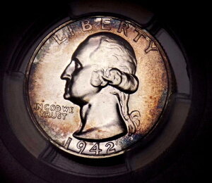 ワシントン クォーター 1942年 PCGS PR 65+++ レインボー 希少初期 見事な色彩