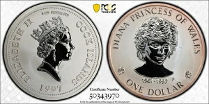 1997年 クック諸島 1ドル銀貨 - ダイアナ妃の死 - PCGS MS 69 TONED