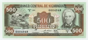 ニカラグア 500コルドバ 1991年 ピック178A UNC 未流通紙幣 Ref 948